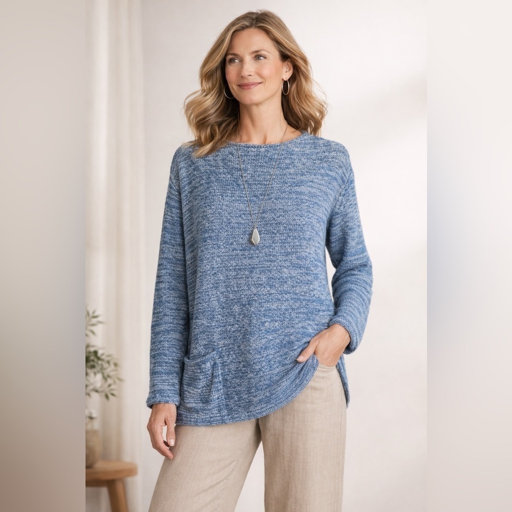 J Jill Womens Sweater Sz Medium Blue Marled Cotton Knit Coastal Minimalist